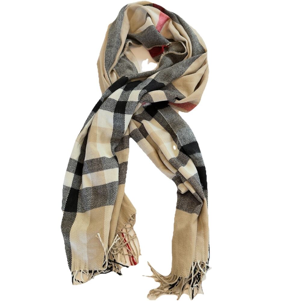 Classic Tan Plaid Check Scarf Winter Oversized Pashmina Style Soft Fringe Unisex